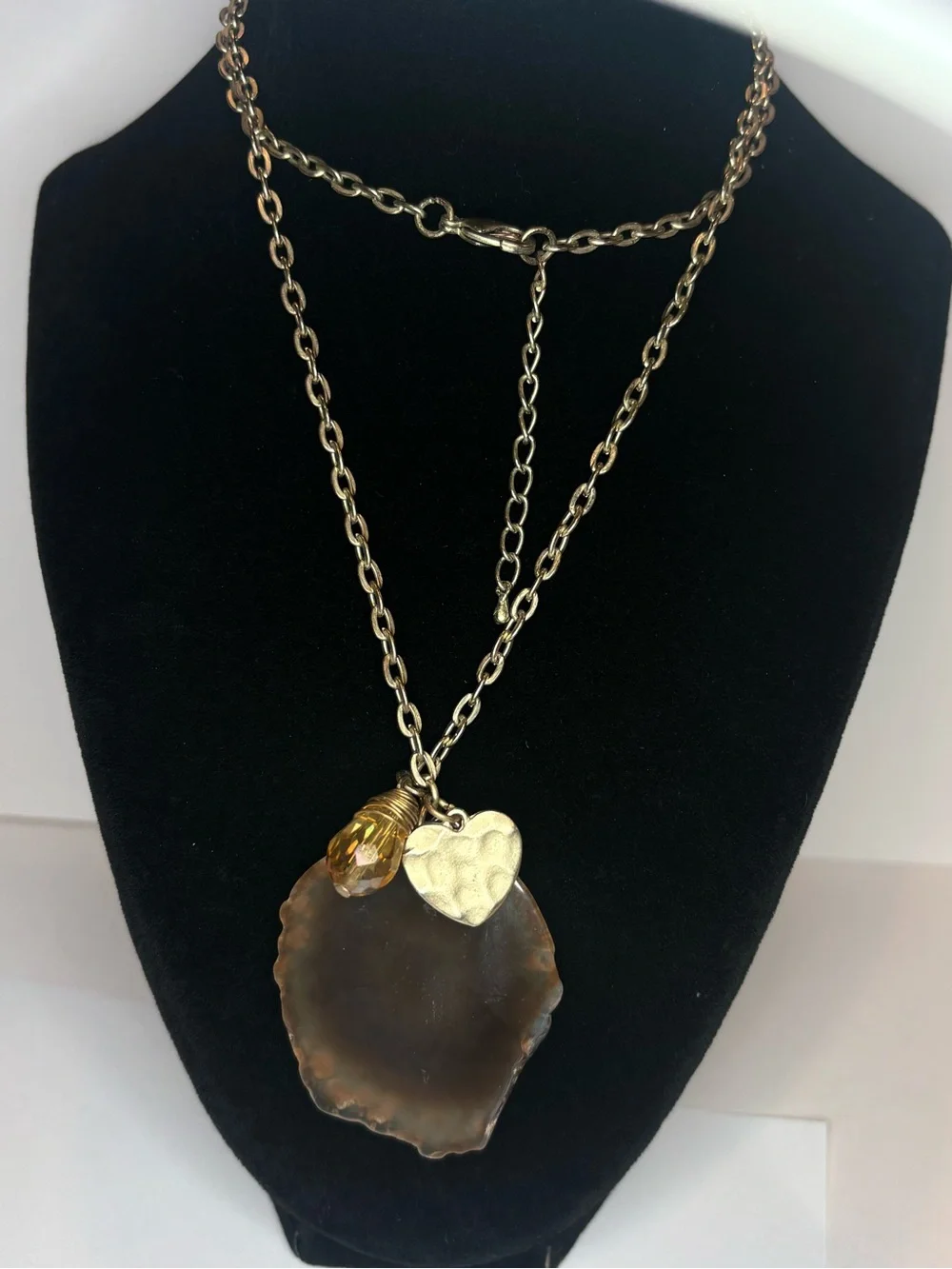 Agate Slice Pendant Necklace Druzy Quartz Gold Tone Heart Glass Crystal 31”